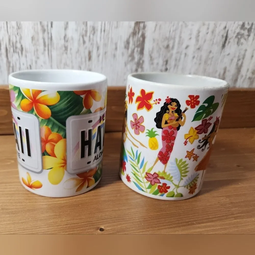 Hawaii Aloha State & Floral Hulu Girl Coffee Mug Set